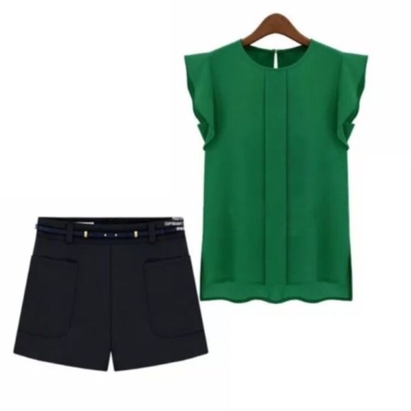 Green Chiffon Flutter Sleeve Cap Sleeve Blouse L or XL - Picture 7 of 8